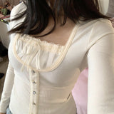 2024Wish Spring And Summer New Women's Wear Solid Color Lace Edge Retro Sweet Square Collar T-Shirt