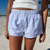 Holiday Style Simple Blue Striped Beach Shorts Loose Waist Sports Home Woven Casual Pants