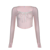 Pure Desire Atmosphere Tie-Up Small Sexy Square Collar Low-Cut Slim Pink Long-Sleeved T-Shirt 2024 Spring / Summer New Style