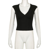 Spicy Girl Style Simple Solid Color Basic Sexy Low-Cut V-Neck Slim Flying Sleeve T-Shirt 2024 Spring / Summer New Style