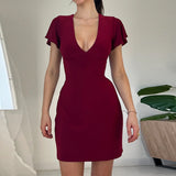 Znbbw Sexy V Collar Waist Shows Thin Short-Sleeved Dress Temperament Slim Casual Pure Color Hip Skirt Woman