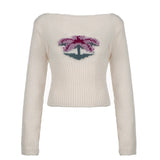 Retro Spice Girl U-Collar Slim And Thin Woolen T-Shirt 2025 Autumn New Lovely Coconut Pattern Sweater