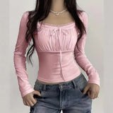 Pure Lace Pleated Chest-Shaped Slim Long-Sleeved T-Shirt 2025 New Style