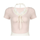 French Sweet Spice Girl Lace Splicing Collision Color Fake Two Lace-Up Short-Sleeved T-Shirts Sweet Jackets For Women