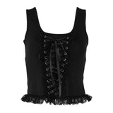 Znbbw Summer New Black Vest Ins Square Collar Knitted Lace Sleeveless Halter Top