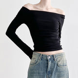 Ins Style Basic Simple Solid Color T-Shirt With Bare Shoulder And Bottom 2025 New Temperament Age-Reducing Blouse