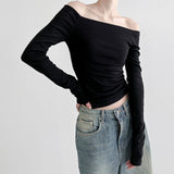 Ins Style Basic Simple Solid Color T-Shirt With Bare Shoulder And Bottom 2025 New Temperament Age-Reducing Blouse
