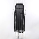 Znbbw Sexy Perspective Net Gauze Splicing Forked Skirt Dark Wind High Waist Design Sense Long Skirt Woman