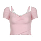 Sweet And Spicy Girls Hit Color Lace Square Necktie Bow Knot Stitching Girl's Pleated Knitted Short-Sleeved Blouse