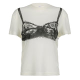 Design Sense Color Lace Perspective Corset Printed T-Shirt 2024 Summer Fashion Loose Casual Short-Sleeved Blouse