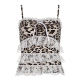 Spicy Girls Retro Leopard Print Color Lace Bow Splicing With Small Suspenders To Show Slim, Sexy Vest