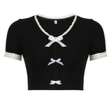 Sweet Girl Lace Lace Bow Stitching Small V-Collar Slim Short Navel T-Shirt 2024 New Style In Early Spring