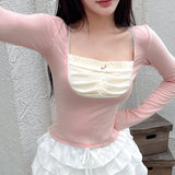 Pure Fashion Girl Hit Color Square Collar Fold Splicing Fake Two Long-Sleeved T-Shirts Sweet Knit Blouse