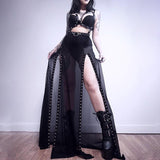 Znbbw Sexy Perspective Net Gauze Splicing Forked Skirt Dark Wind High Waist Design Sense Long Skirt Woman