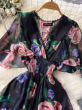 Znbbw V-Necked Print Chiffon Dress Shows Lean Lotus Leaf Edge Short-Sleeved Waist First Love Fairy Skirt