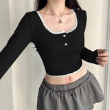 Ins Sweet And Spicy Lace Hit The Color Pit Strip Long-Sleeved Spicy Girls Short Navel Blouse Slim And Slim T-Shirt