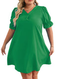 Znbbw Independent Station Spring And Summer New V-Collar Short-Sleeved Solid Color Large-Size Dress