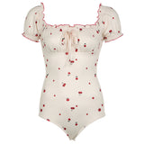 Pure Desire Atmosphere Feeling Cherry Printed Wood Ear Splicing Swimming Suit Square Collar Back Dewy Back Design Sexual Bubble Sleeve Jumpsuit