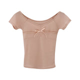 Chic Design Big V-Collar Lace Collage Split Bow Short-Sleeved T-Shirt Women's Summer New Pure Korean Blouse