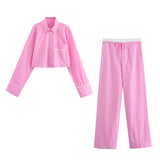 Znbbw New Rolled-Edged Poplin Shirt Rolling-Edged Pajamas Style Pants Set