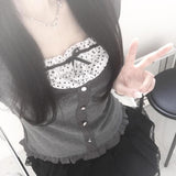 Girl Wind Holiday Two Wave Point Square Collar Spliced Button Blouse Girl 2024 Collision Color Small Bow Knot Wooden Ear T-Shirt