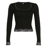 Hot Girl Style Sexy U-Collar Lace Bow Stitching Slim Long-Sleeved Pure Black T-Shirt New Style
