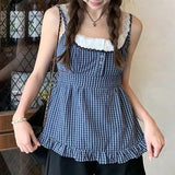 2024 Summer Women's Wear Ins Online Celebrity Street Hot Girls New Plaid Fake Two Lace Folded Vests