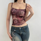 Retro Print Slim Mesh Halter Top 2024 Spring And Summer New Hot Girls Sexy Low-Chested Bare-Back Vest