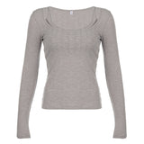 Pure Color Simple Pit Strip Slimming Retro Fashion Single Bare Shoulder Long Sleeved Two-Piece Blouse 2024 Spring / Summer New T-Shirt