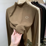 European Solid Color Embroidered Half-High Collar Bottomed Blouse In Autumn And Winter German Velvet Temperament Black Long-Sleeved Blouse