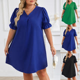 Znbbw Independent Station Spring And Summer New V-Collar Short-Sleeved Solid Color Large-Size Dress