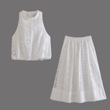 Znbbw Summer Style Hollowed-Out Embroidered Sleeveless Blouse Loose Waist Embroidered Flute Skirt Suit