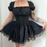 Znbbw Shoulder Lace Spliced Dress Dark Style Waist Shows A Thin And Fluffy Short Skirt Woman