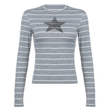 Street Striped Five-Pointed Star Leisure T-Shirt Women's Autumn Daily Simple Commuter Star Hit Color Long-Sleeved Blouse