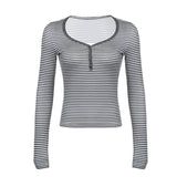 Design Sensitive Lace Hit Striped T-Shirt Spice Girl Slim Short Navel Blouse V-Neck Long-Sleeved Bottomed Shirt