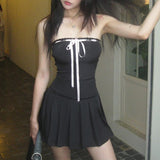 French Design Color Tie Bow To Wipe The Breast Skirt With The Word Collar Waist Show Thin Pleated Skirt Dress Woman