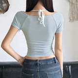 Bow Tie Lace Stitching Neck Pure Wind Short-Sleeved Blouse Sweet Slim And Skinny T-Shirt In Summer