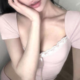 Hot Girls Sexy Lace Tie Square Tie Bow Tie Waist Knitted Short-Sleeved Blouse Pure Desire Short T-Shirt