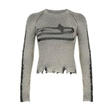 Make A 2025 New Spicy Girl's Casual T-Shirt With An Old Color, Tattered, Patchwork, Round Neck, Slim Woolen Blouse.