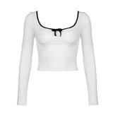 The Bowknot Splicing Colour Knitting Skinny Blouse Woman 2024 Sweet Spice Girl French Ballet Style Slim Hollow T-Shirt