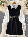 Znbbw Style Fragrant Style Suit Design Feeling Minority White Shirt Skirt Knitted Vest Skirt Folded And Waist Two-Piece Set