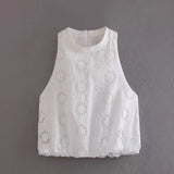 Znbbw Summer Style Hollowed-Out Embroidered Sleeveless Blouse Loose Waist Embroidered Flute Skirt Suit