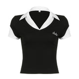 College Style POLO Collar Splicing Fake Two Short-Sleeved Blouses Slim And Simple Knitted T-Shirt Girl