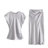 Znbbw Spring Satin Texture Blouse 2451305 Knot Flute Skirt 2448305