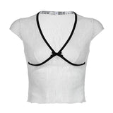 Fresh Girl Feeling Lace Bow Stitching Small Sexy V-Collar Perspective Color Slim Flying Sleeve T-Shirt 2024