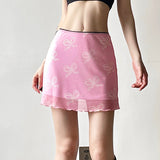 Sexy Spice Girl Bowknot Printed Net Skirt Half-Body Skirt In Summer Color Low-Waisted To Show Lean Net Gauze All-Round Buttocks Skirt