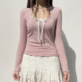 French Sweet Girl Lace Bow Stitched Pink Long-Sleeved T-Shirt 2025 New Slim U-Collar Blouse