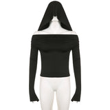 Dark, Windy Collar, Shoulder Sexy, Hooded Blouse, 2025 Slim, Solid Color, Long-Sleeved T-Shirt.