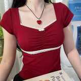 Retro Sweet And Spicy Wind, Bow Tie, Lace, Lace, Short-Sleeved T-Shirt, Summer Square Collar, Slim Blouse