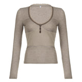 Comfortable And Casual Solid Color Button Splicing Tight T-Shirt Spring / Summer 2024 New Hot Girl Style V-Collar Blouse
